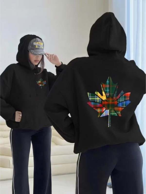Canada Pride Tartan Leaf Print Hoodie-Black