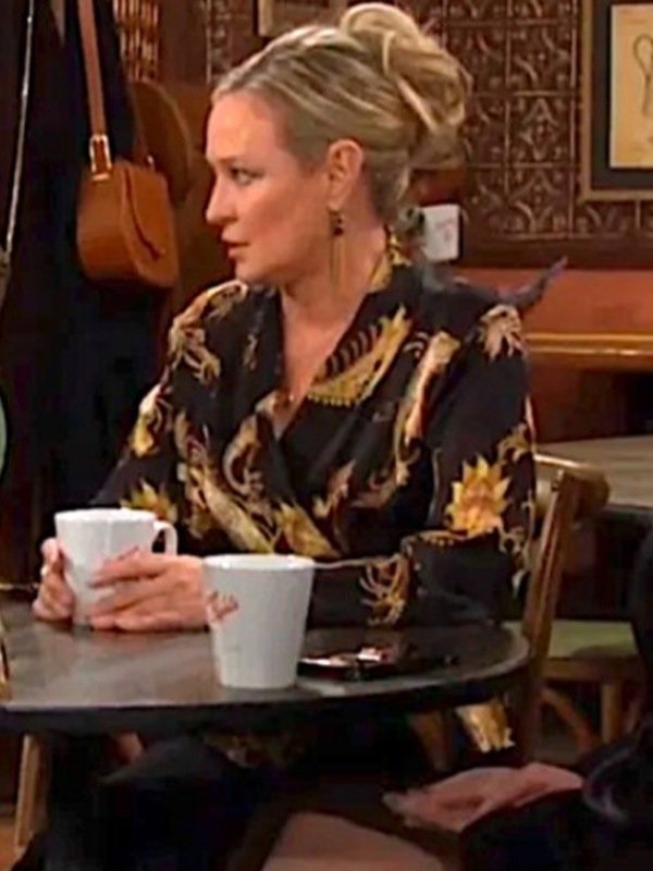 The Young and the Restless Sharon Newman Black and Yellow Paisley Satin Wrap Top