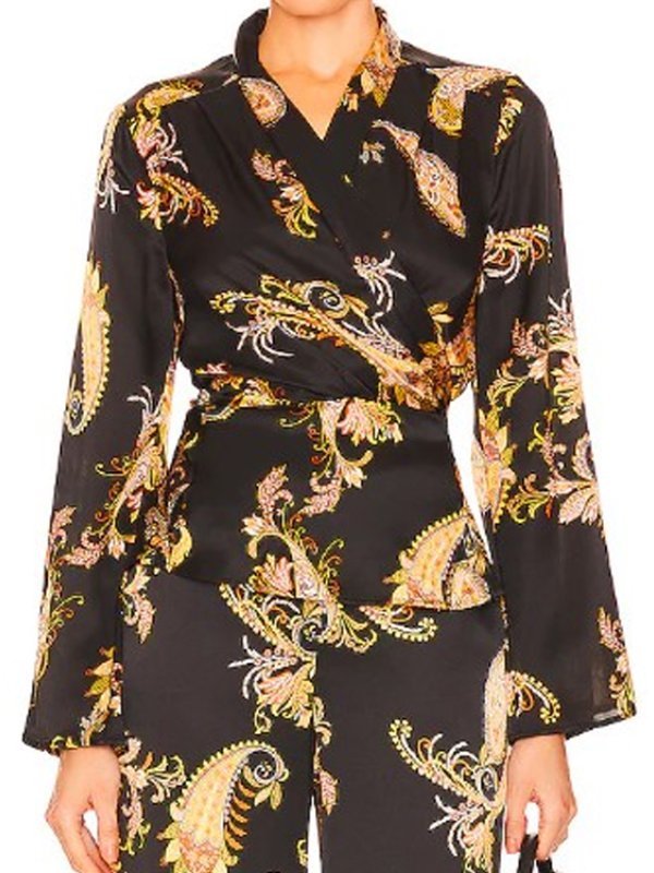 The Young and the Restless Sharon Newman Paisley Satin Wrap Top-Black and Yellow