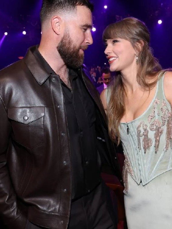 Travis Kelce 2026 iHeartRadio Music Awards Dark Espresso Leather Jacket-Brown