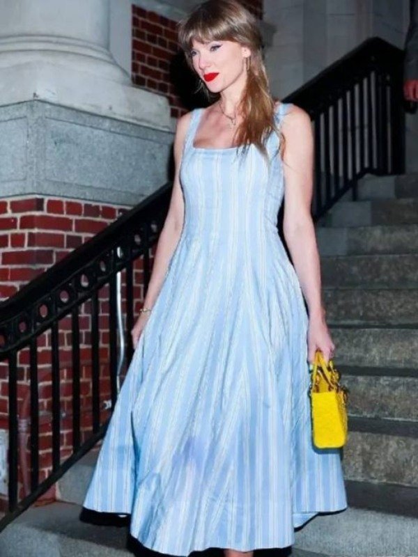 Taylor Swift NYC Pinstripe Midi Dress-Blue