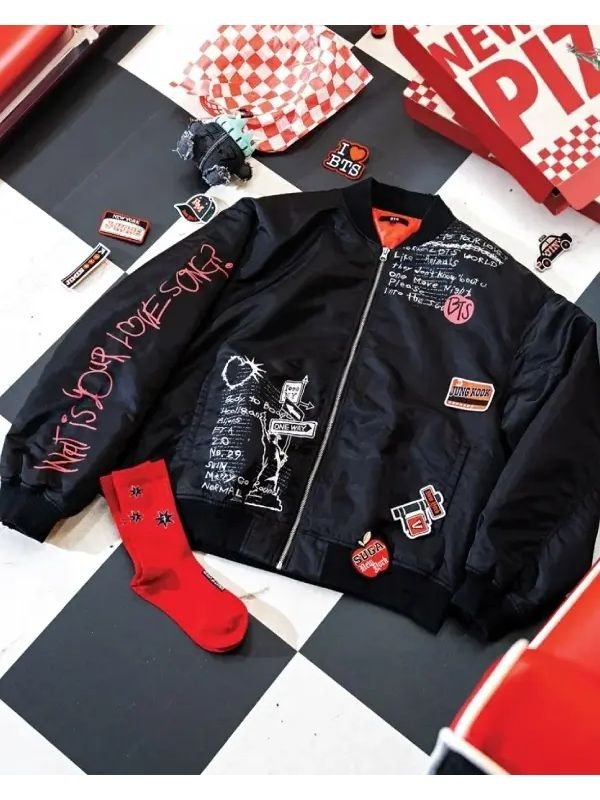 Jungkook What Is Your Love Song Black Satin Bomber Jacket - Recreated