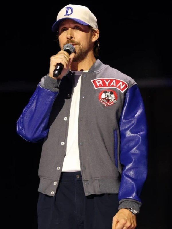 Ryan Gosling Entertainment Showcase Mickey Mouse Grey Varsity Jacket -Unisex